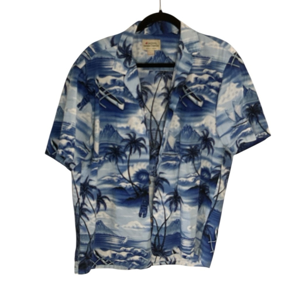 VINTAGE Royal Creations Hawaiian tropical Print Shirt Size L Blue on Blue.